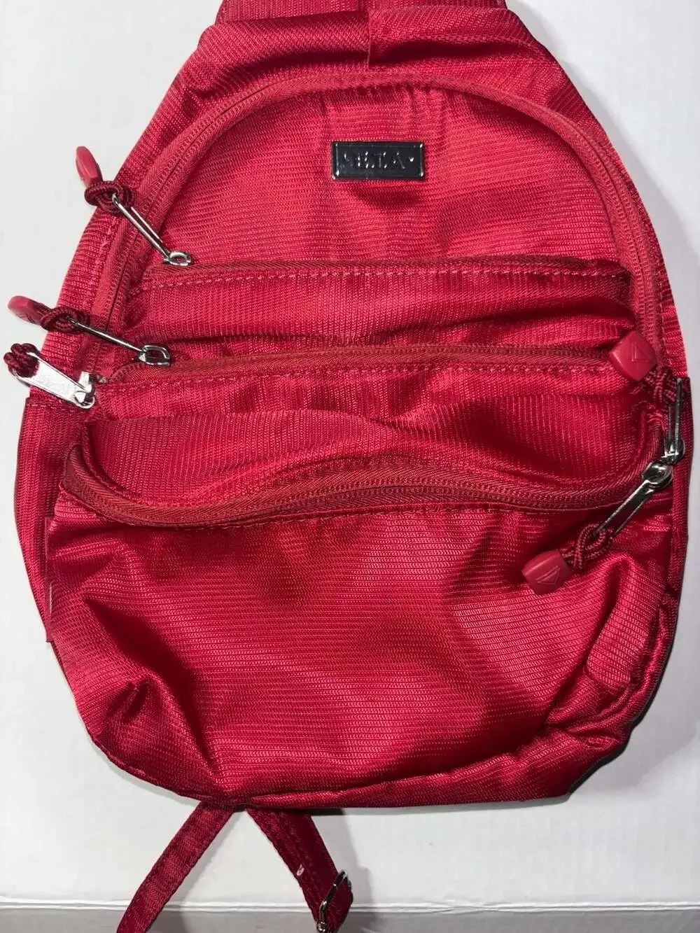 E. T.A. Small Red Nylon Multi-Zip Sling/Mini Backpack